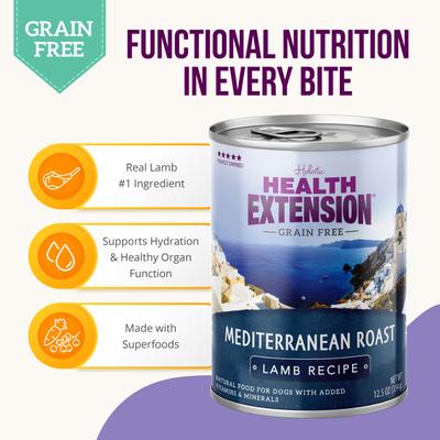 Show full view: Health Extension Mediterranean Roast Lamb Recipe Grain-Free Wet Dog Food, 12.5-oz can, case of 12 slide 6 of 10