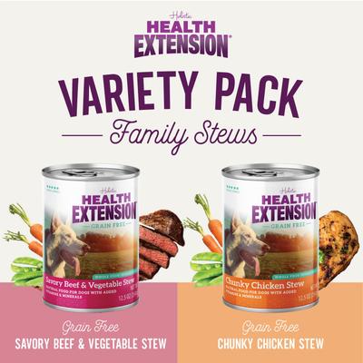 Show full view: Health Extension Stew Variety Pack: Beef, Chicken, Turkey Wet Dog Food, 12-oz can, 12 count slide 3 of 6