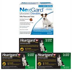 Heartgard Plus Chew, 26-50 lbs, (Green Box), 3 Chew (3-mo. supply) + NexGard Chew for Dogs, 10.1-24 lbs, (Blue Box), 3 Chews (3-mos. supply)