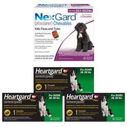 Heartgard Plus Chew, 26-50 lbs, (Green Box), 3 Chew (3-mo. supply) + NexGard Chew for Dogs, 24.1-60 lbs, (Purple Box), 3 Chews (3-mos. supply)