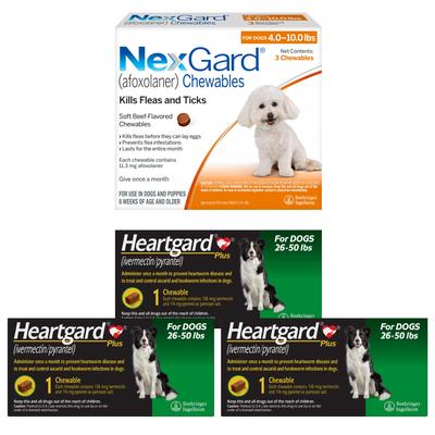 Show full view: Heartgard Plus Chew, 26-50 lbs, (Green Box), 3 Chew (3-mo. supply) + NexGard Chew for Dogs, 4-10 lbs, (Orange Box), 3 Chews (3-mos. supply) slide 1 of 9