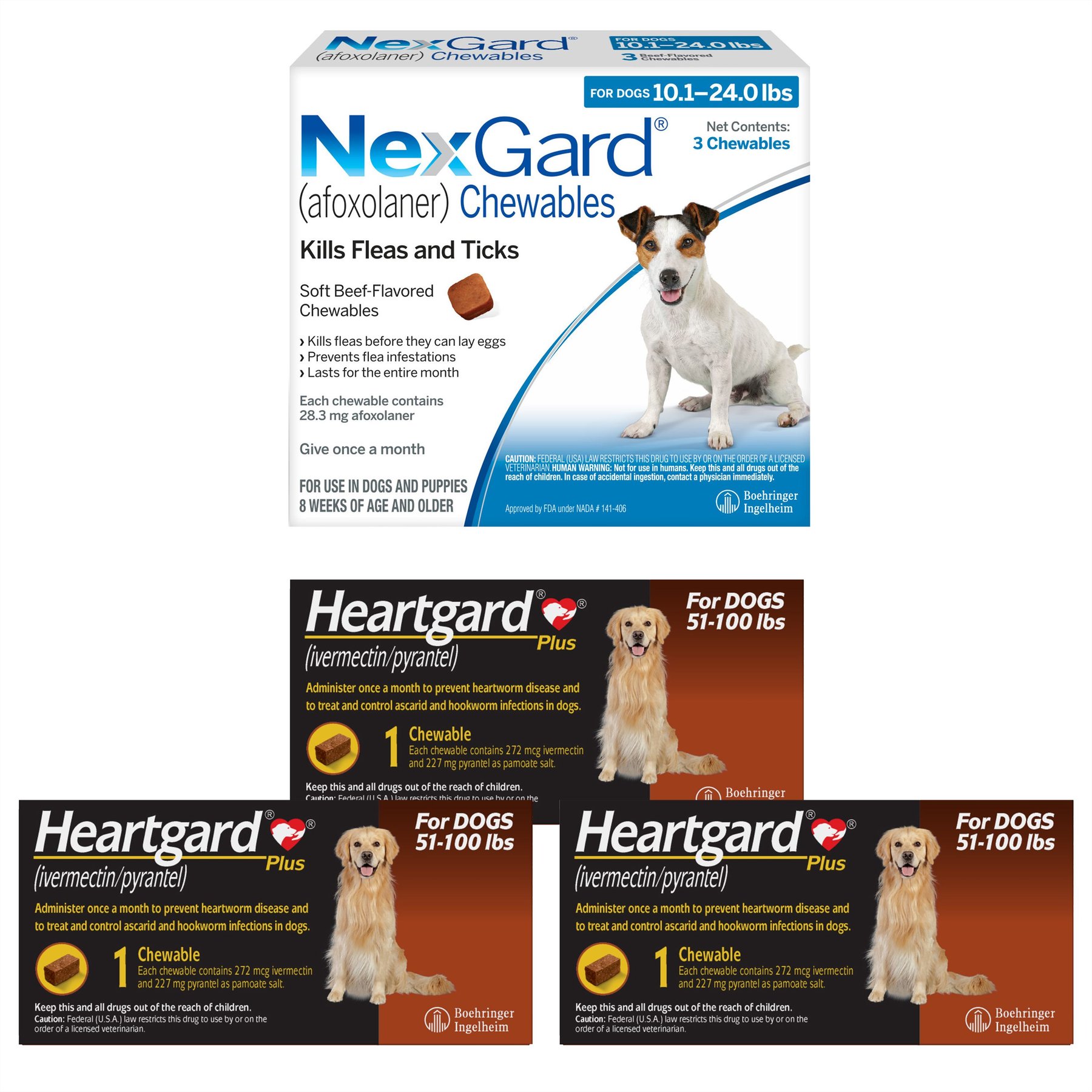 Heartgard Plus Chew, 51-100 lbs, (Brown Box), 3 Chew (3-mo. supply) + NexGard Chew for Dogs, 10.1-24 lbs, (Blue Box), 3 Chews (3-mos. supply)