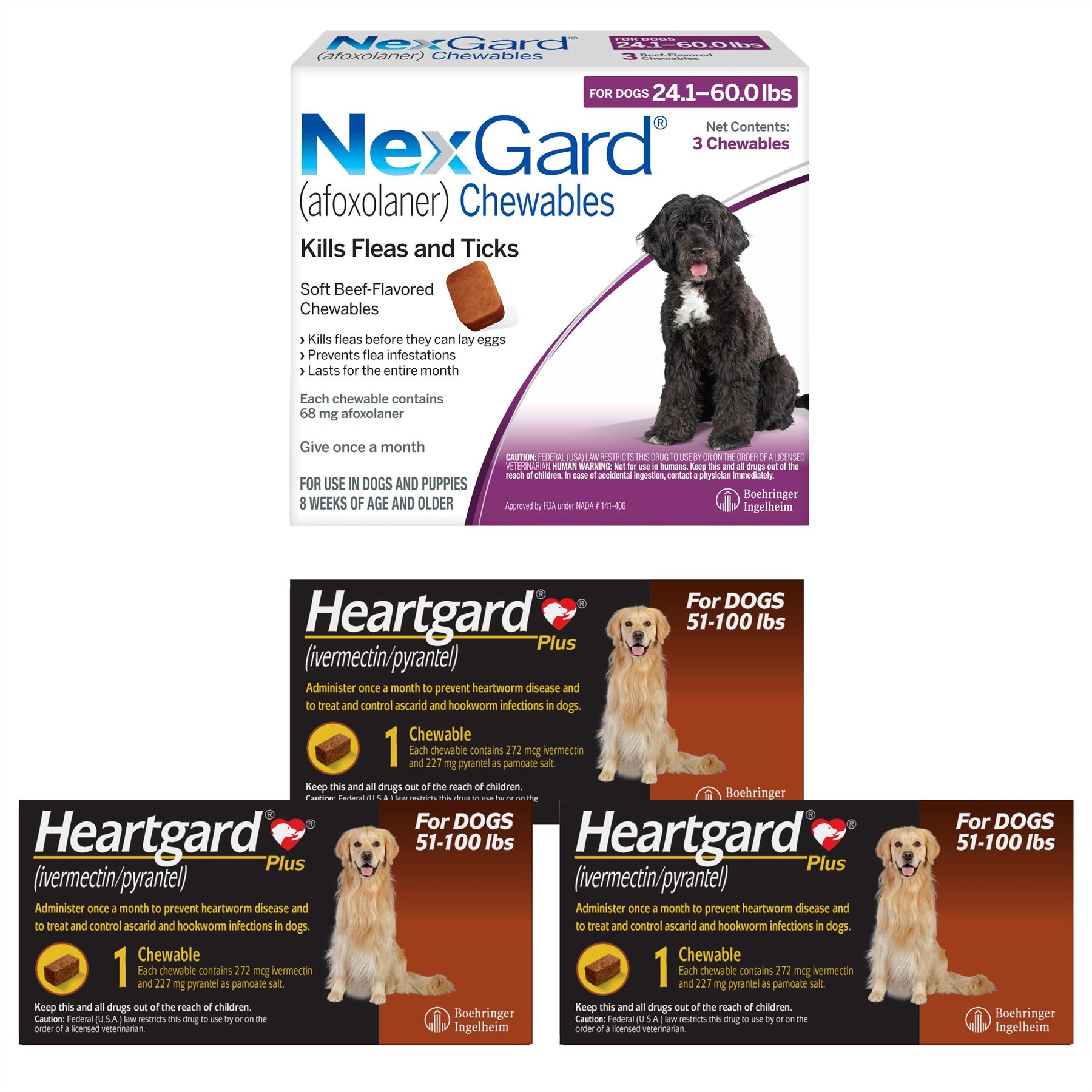 Heartgard Plus Chew, 51-100 lbs, (Brown Box), 3 Chew (3-mo. supply) + NexGard Chew for Dogs, 24.1-60 lbs, (Purple Box), 3 Chews (3-mos. supply)