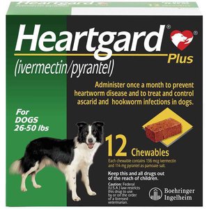 Heartgard Plus Chew for Dogs, 26-50 lbs, (Green Box), 12 Chews (12-mos. supply)