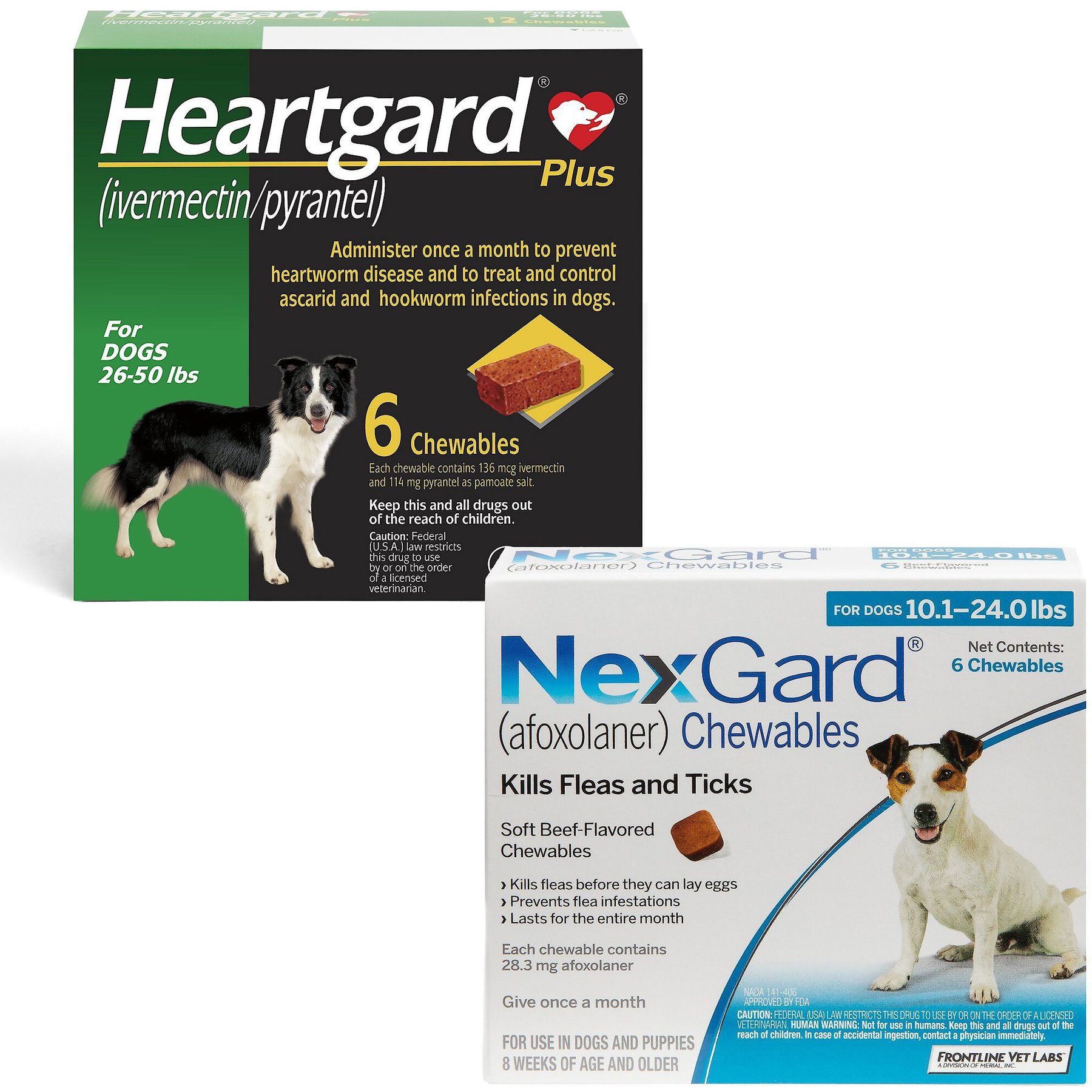 Heartgard Plus Chew for Dogs, 26-50 lbs, (Green Box), 6 Chews (6-mos. supply) & NexGard Chew for Dogs, 10.1-24 lbs, (Blue Box), 6 Chews (6-mos. supply)