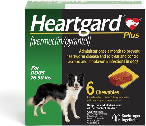 Show full view: Heartgard Plus Chew for Dogs, 26-50 lbs, (Green Box), 6 Chews (6-mos. supply) & NexGard Chew for Dogs, 24.1-60 lbs, (Purple Box), 6 Chews (6-mos. supply) slide 3 of 10