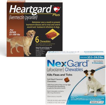 Show full view: Heartgard Plus Chew for Dogs, 51-100 lbs, (Brown Box), 6 Chews (6-mos. supply) & NexGard Chew for Dogs, 10.1-24 lbs, (Blue Box), 6 Chews (6-mos. supply) slide 1 of 10