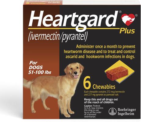 Show full view: Heartgard Plus Chew for Dogs, 51-100 lbs, (Brown Box), 6 Chews (6-mos. supply) & NexGard Chew for Dogs, 10.1-24 lbs, (Blue Box), 6 Chews (6-mos. supply) slide 3 of 10