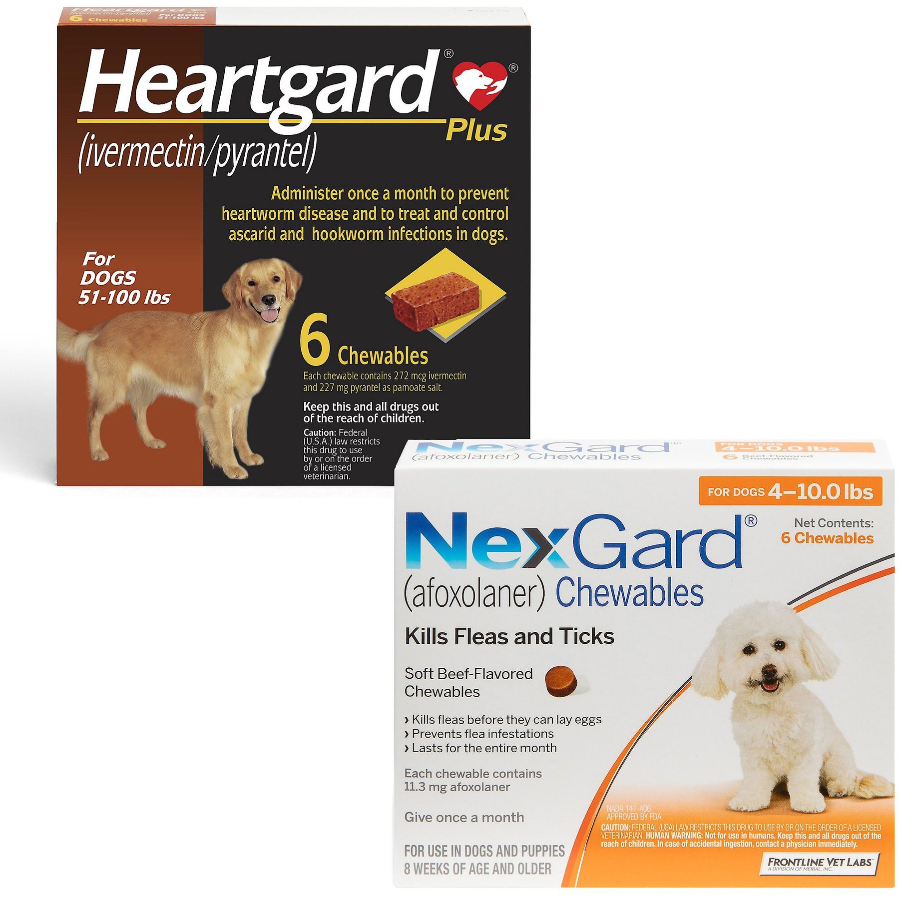 Heartgard Plus Chew for Dogs, 51-100 lbs, (Brown Box), 6 Chews (6-mos. supply) & NexGard Chew for Dogs, 4-10 lbs, (Orange Box), 6 Chews (6-mos. supply)