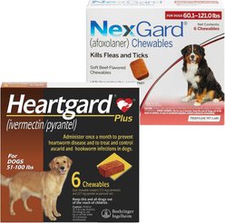 Heartgard Plus Chew for Dogs, 51-100 lbs, (Brown Box), 6 Chews (6-mos. supply) & NexGard Chew for Dogs, 60.1-121 lbs, (Red Box), 6 Chews (6-mos. supply)