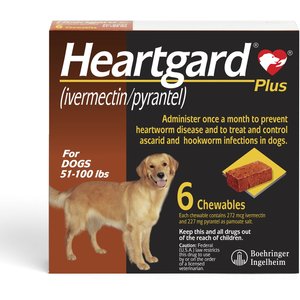 Heartgard Plus Chew for Dogs, 51-100 lbs, (Brown Box), 6 Chews (6-mos. supply)