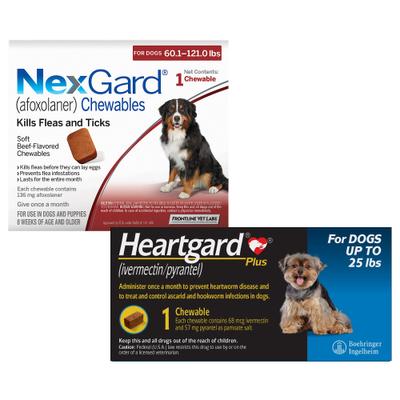 Show full view: Heartgard Plus Chew for Dogs, up to 25 lbs, (Blue Box), 1 Chew (1-mo. supply) & NexGard Chew for Dogs, 60.1-121 lbs, (Red Box), 1 Chew (1-mo. supply) slide 1 of 9