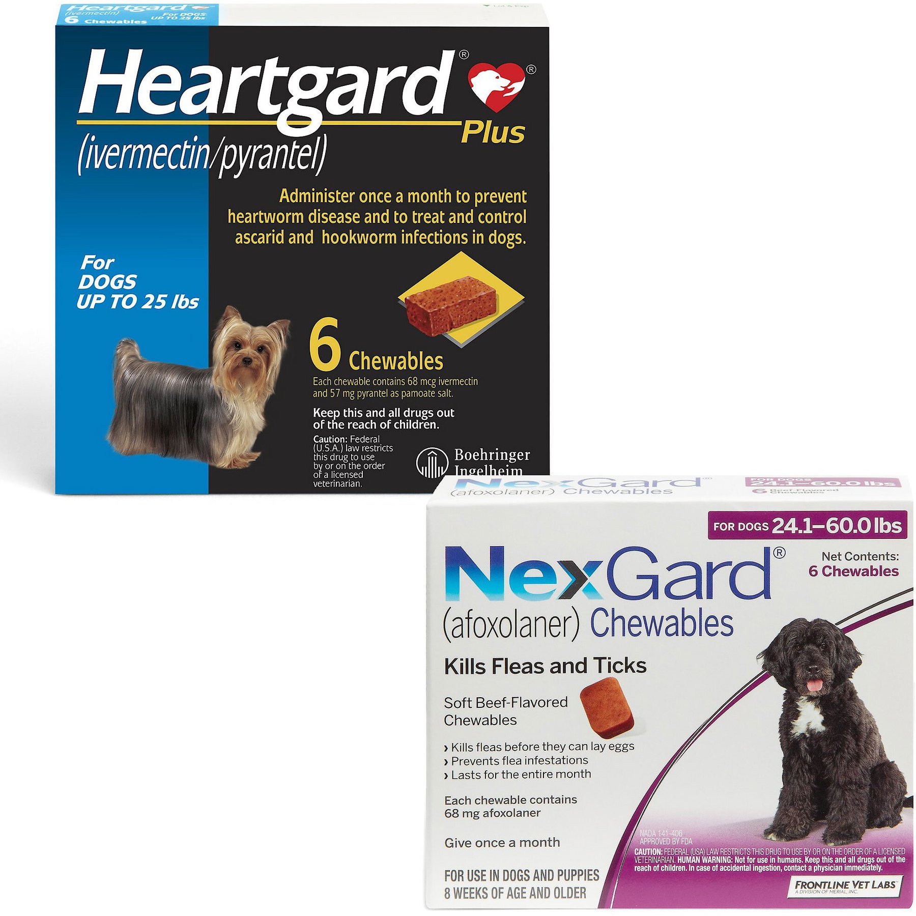 Heartgard Plus Chew for Dogs, up to 25 lbs, (Blue Box), 6 Chews (6-mos. supply) & NexGard Chew for Dogs, 24.1-60 lbs, (Purple Box), 6 Chews (6-mos. supply)