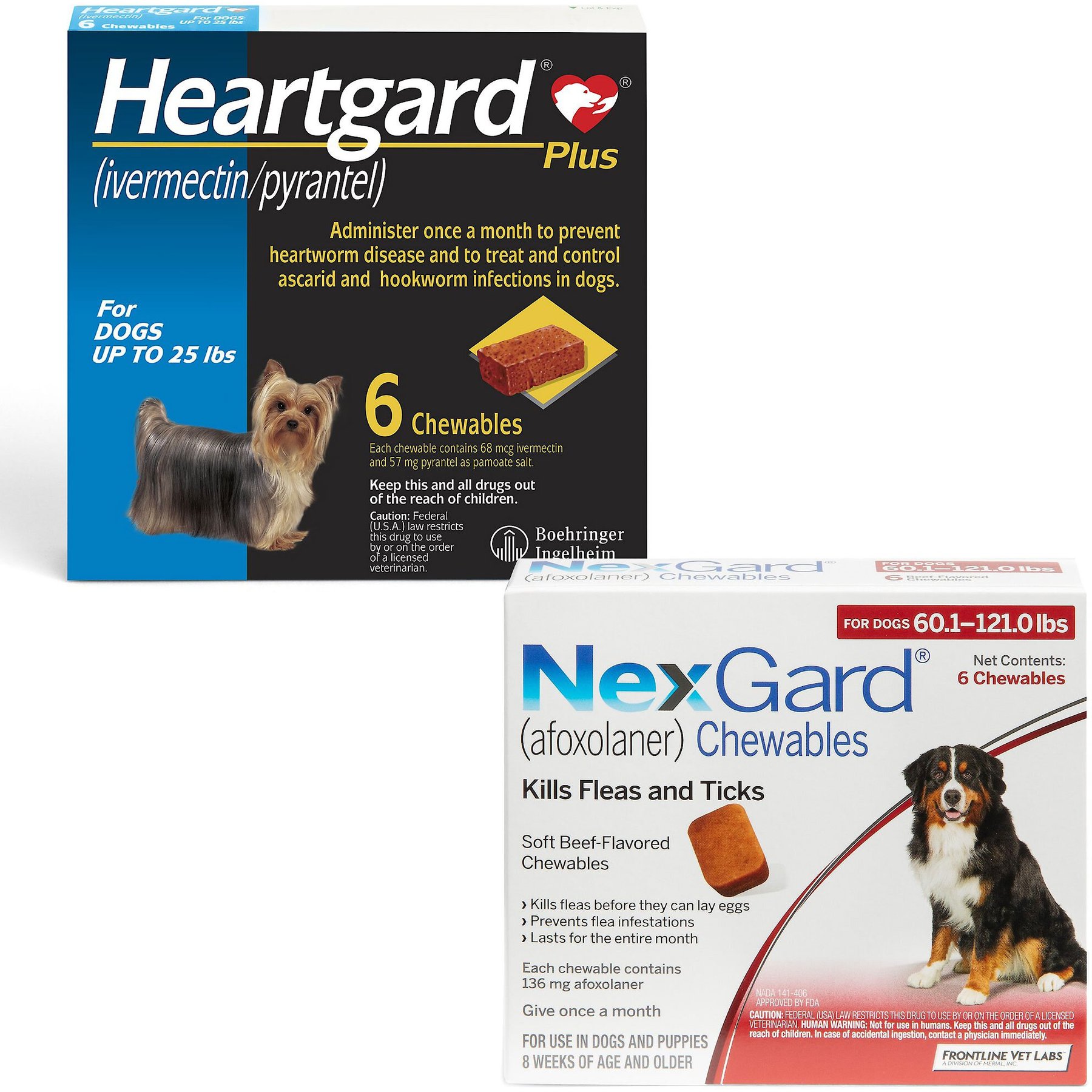 Heartgard Plus Chew for Dogs, up to 25 lbs, (Blue Box), 6 Chews (6-mos. supply) & NexGard Chew for Dogs, 60.1-121 lbs, (Red Box), 6 Chews (6-mos. supply)