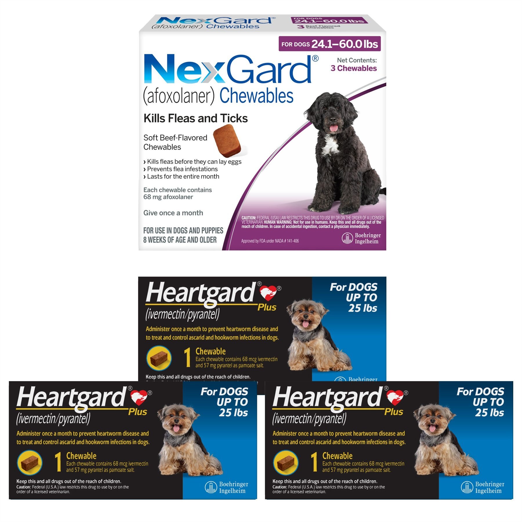 Heartgard Plus Chew, up to 25 lbs, (Blue Box), 3 Chew (3-mo. supply) + NexGard Chew for Dogs, 24.1-60 lbs, (Purple Box), 3 Chews (3-mos. supply)