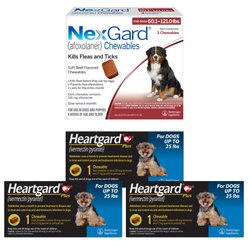 Heartgard Plus Chew, up to 25 lbs, (Blue Box), 3 Chew (3-mo. supply) + NexGard Chew for Dogs, 60.1-121 lbs, (Red Box), 3 Chews (3-mos. supply)