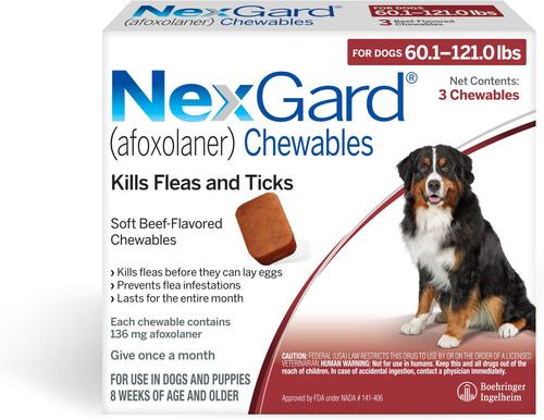 Show full view: Heartgard Plus Chew, up to 25 lbs, (Blue Box), 3 Chew (3-mo. supply) + NexGard Chew for Dogs, 60.1-121 lbs, (Red Box), 3 Chews (3-mos. supply) slide 6 of 9