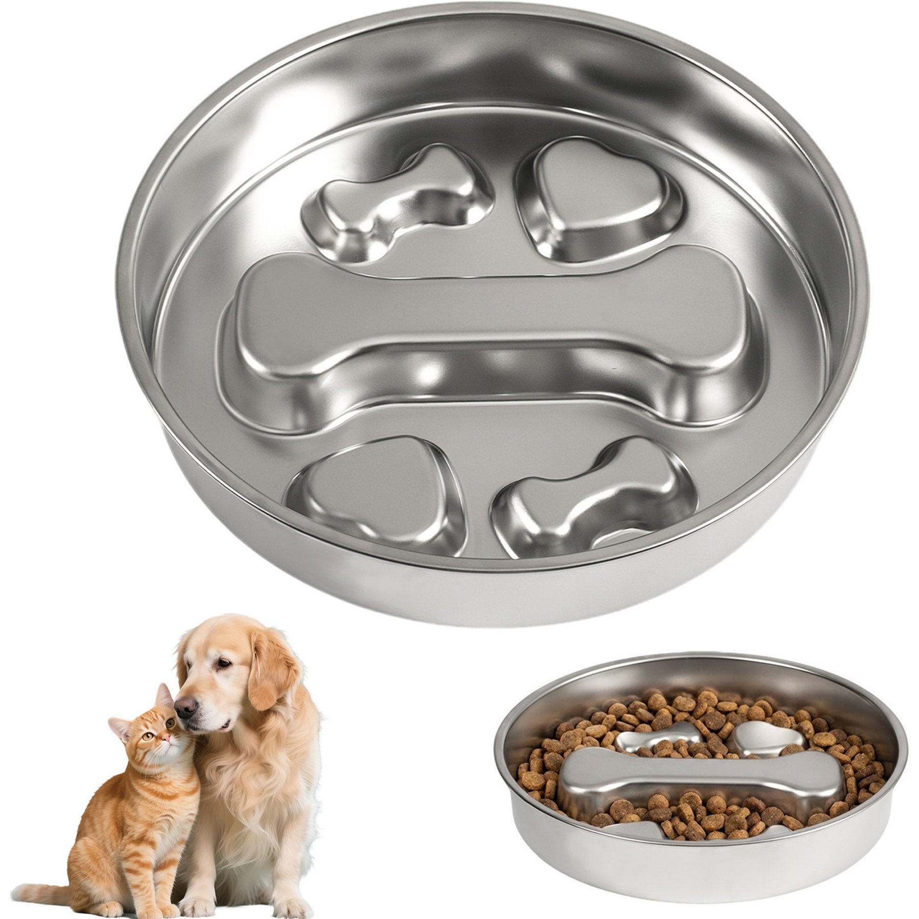 Heeyoo Bone Pattern Dishwasher Safe Stainless Steel Slower Feeder Dog & Cat Bowl, 3-cup
