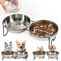 Heeyoo Bone Pattern Elevated 304 Stainless Steel Slow Feeder Dog Bowl, 3-cup, 2 count