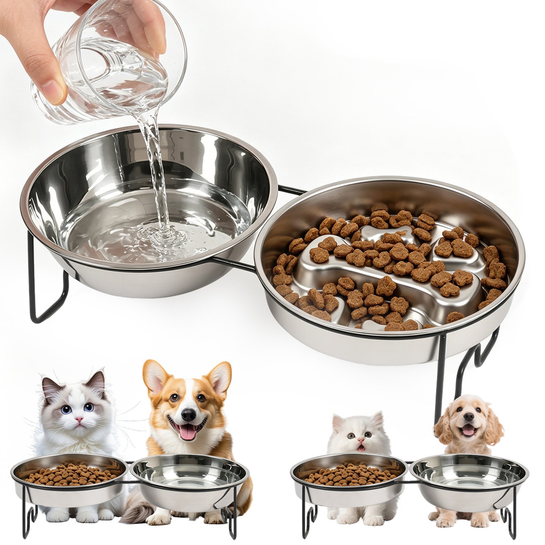 Heeyoo Bone Pattern Elevated 304 Stainless Steel Slow Feeder Dog Bowl, 3-cup, 2 count