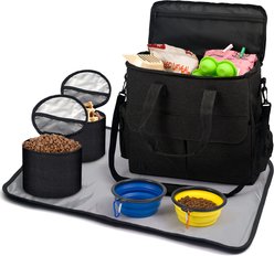 Heeyoo Tote Dog Food Travel Kit with Collapsible Bowls Containers & Feeding Mat, Black
