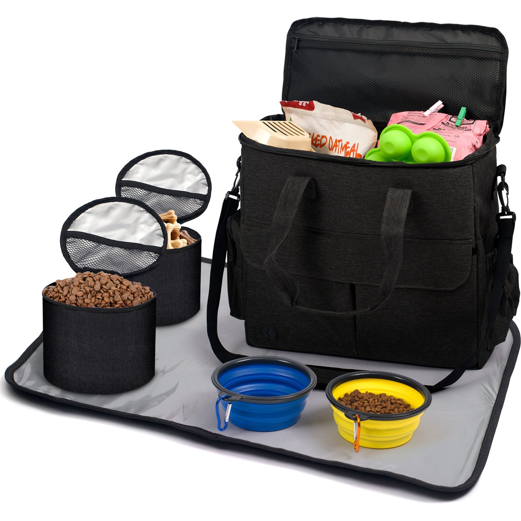 Heeyoo Tote Dog Food Travel Kit with Collapsible Bowls Containers & Feeding Mat, Black