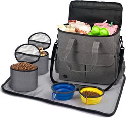 Heeyoo Tote Dog Food Travel Kit with Collapsible Bowls Containers & Feeding Mat, Grey