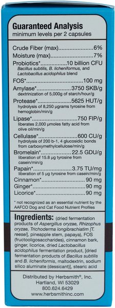 Show full view: Herbsmith Microflora Plus for Digestion Capsules Daily Dog & Cat Supplement, 60 count slide 3 of 6