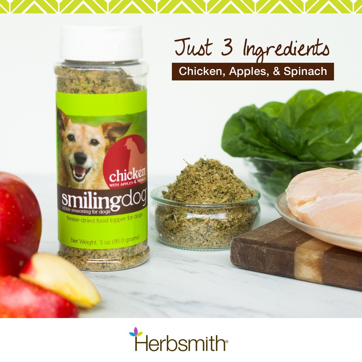 Herbsmith Smiling Dog Kibble Seasoning Freeze-Dried Chicken with Apples & Spinach Dog Food Topper
