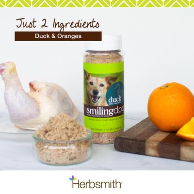 Show full view: Herbsmith Smiling Dog Kibble Seasoning Freeze-Dried Duck with Oranges Dog Food Topper, 3-oz bottle slide 3 of 10