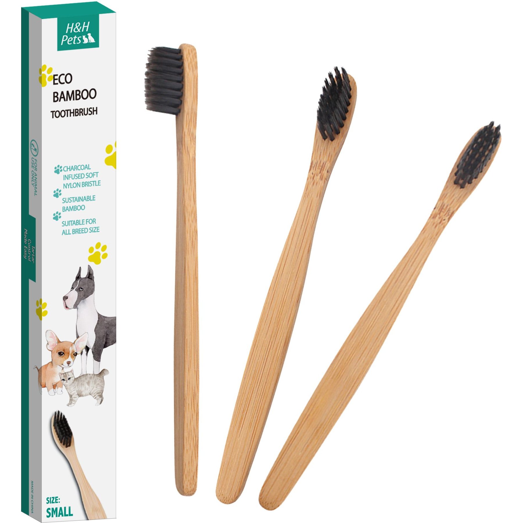 H&H Pets Reusable Bamboo Toothbrush for Dogs & Cats, 3 count, Small