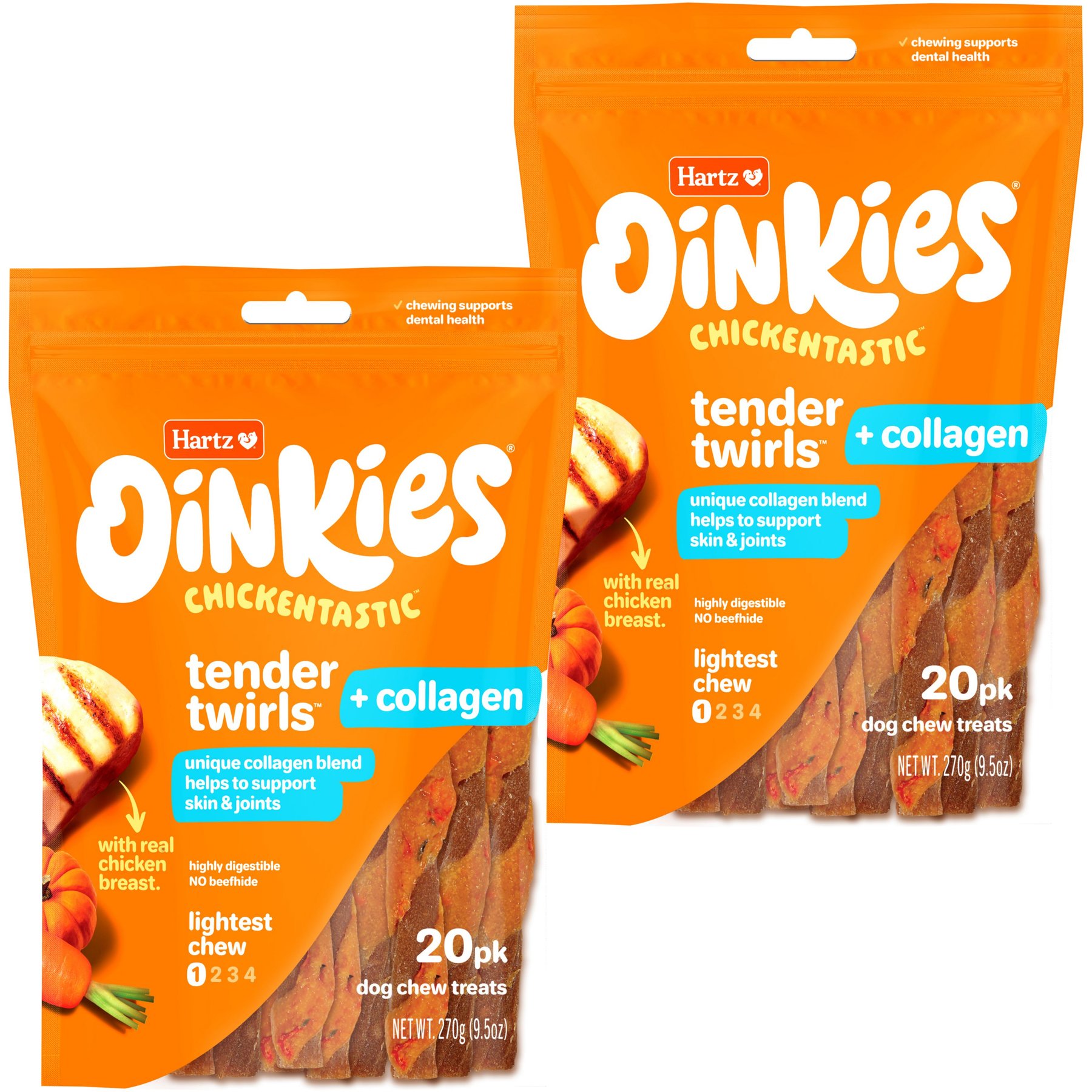 Hartz Oinkies Tender Twirls + Collagen for Skin & Joints Rawhide-Free Natural Dog Treats, 40 count bundle