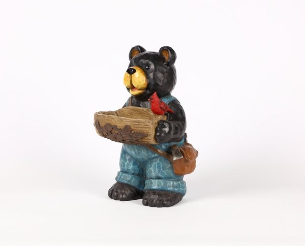 Hi-Line Gift Bear Holds Bird Bath with Cardinal, Brown