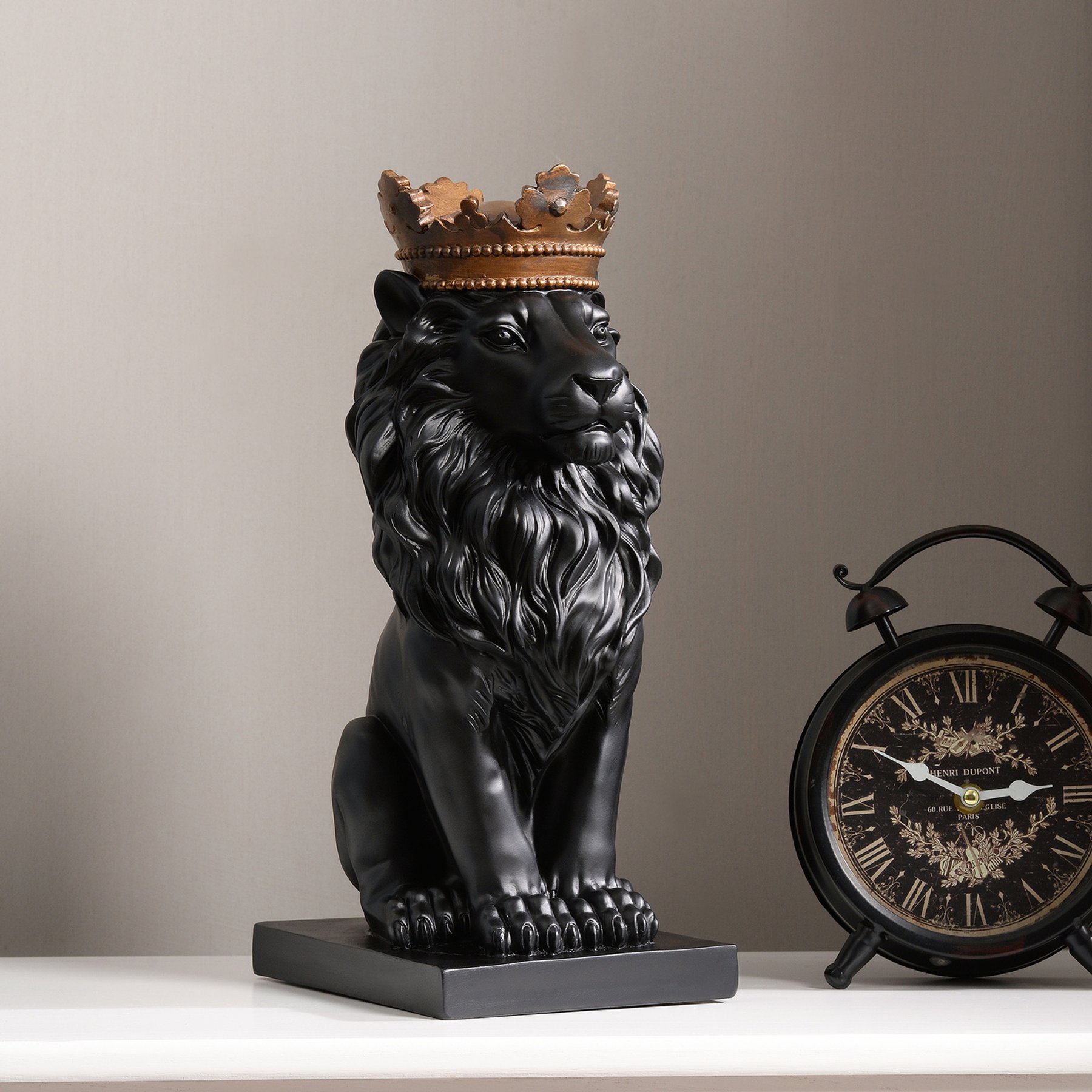 Hi-Line Gift Black Sitting Lion with Crown Statue, Black/Gold, 9.1-in