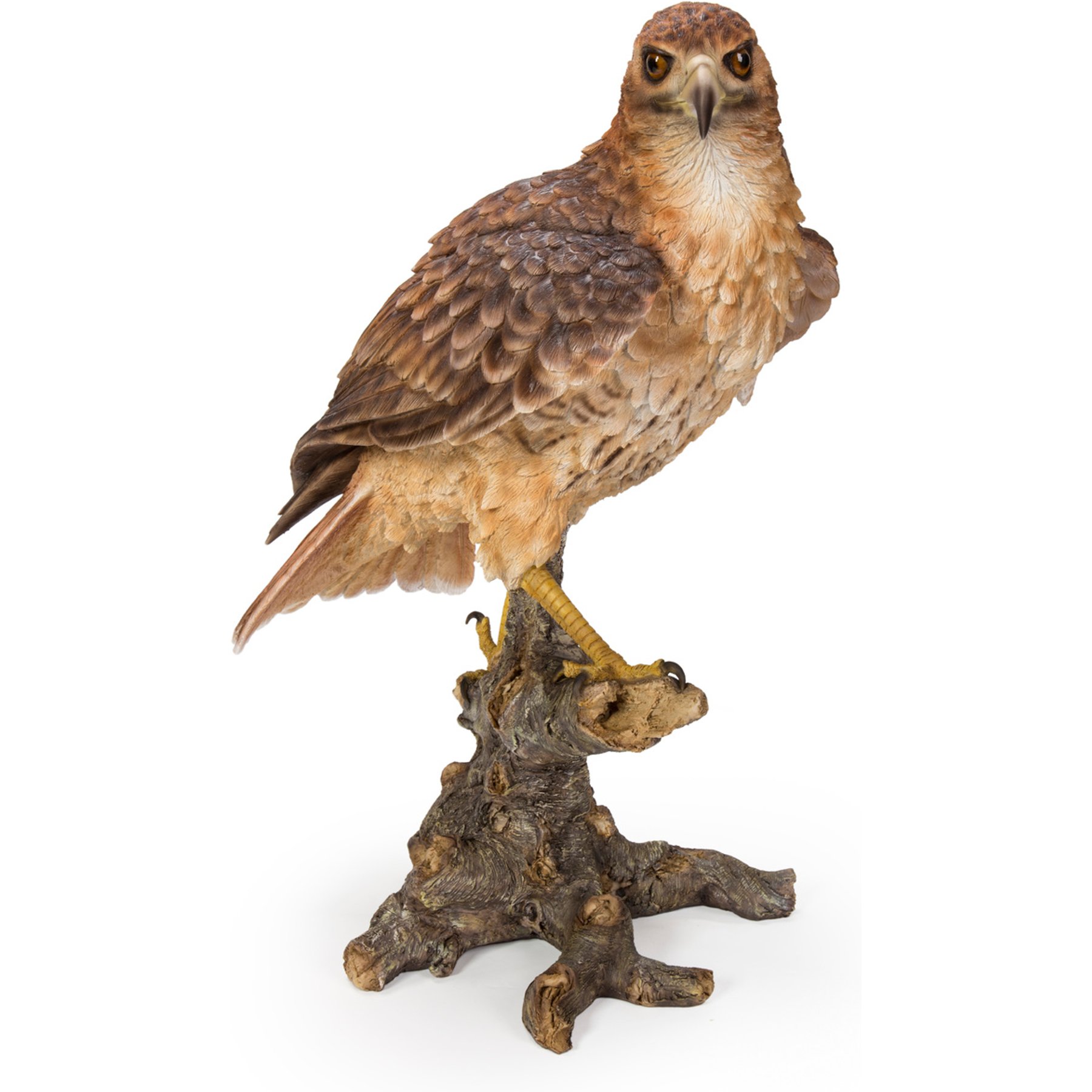 Hi-Line Gift Red Tail Hawk Standing on Branch Statue, Brown/Cream/Yellow, 13.39-in