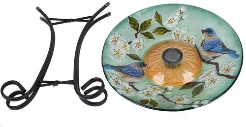 Show full view: Hi-Line Gift Solar Blue Bird with Peach Blossom Glass Bird Bath with Stand, Multicolor slide 3 of 10