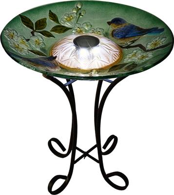 Show full view: Hi-Line Gift Solar Blue Bird with Peach Blossom Glass Bird Bath with Stand, Multicolor slide 6 of 10