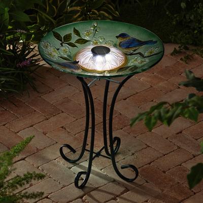 Show full view: Hi-Line Gift Solar Blue Bird with Peach Blossom Glass Bird Bath with Stand, Multicolor slide 7 of 10