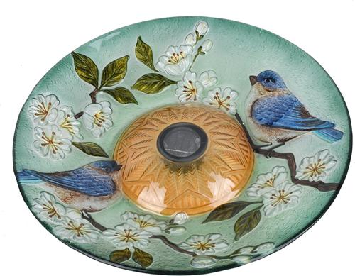 Show full view: Hi-Line Gift Solar Blue Bird with Peach Blossom Glass Bird Bath with Stand, Multicolor slide 9 of 10