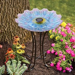 Hi-Line Gift Solar Blue Floral Glass Bird Bath with Stand, Multicolor