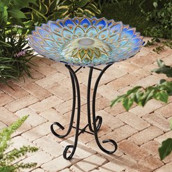 Hi-Line Gift Solar Blue Fusion Mosaic Floral Glass Bird Bath with Stand, Multicolor