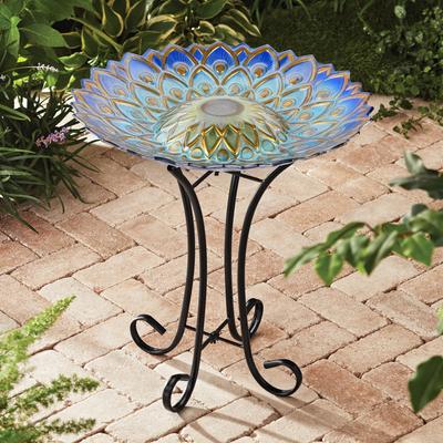 Show full view: Hi-Line Gift Solar Blue Fusion Mosaic Floral Glass Bird Bath with Stand, Multicolor slide 1 of 10