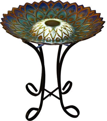 Show full view: Hi-Line Gift Solar Blue Fusion Mosaic Floral Glass Bird Bath with Stand, Multicolor slide 9 of 10