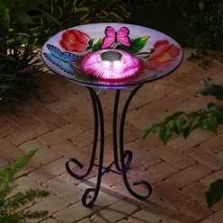 Hi-Line Gift Solar Butterfly with Chinese Herbaceous Peony Glass Bird Bath with Stand, Multicolor slide 2 of 9
