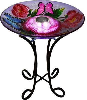 Show full view: Hi-Line Gift Solar Butterfly with Chinese Herbaceous Peony Glass Bird Bath with Stand, Multicolor slide 9 of 10