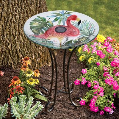 Show full view: Hi-Line Gift Solar Flamingo with Tortoise Shell Glass Bird Bath with Stand, Multicolor slide 1 of 10