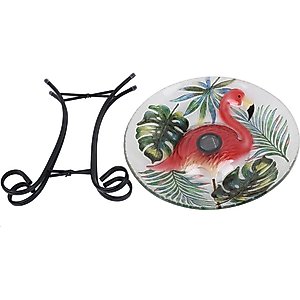 Hi-Line Gift Solar Flamingo with Tortoise Shell Glass Bird Bath with Stand, Multicolor