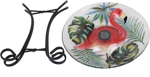 Show full view: Hi-Line Gift Solar Flamingo with Tortoise Shell Glass Bird Bath with Stand, Multicolor slide 2 of 10