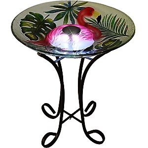 Hi-Line Gift Solar Flamingo with Tortoise Shell Glass Bird Bath with Stand, Multicolor