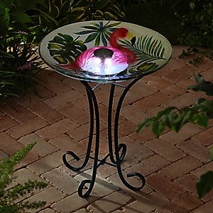 Hi-Line Gift Solar Flamingo with Tortoise Shell Glass Bird Bath with Stand, Multicolor